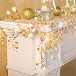 Indoor Christmas Decorations, Festive Lighted Berry Beaded Garland Gold- 120" L